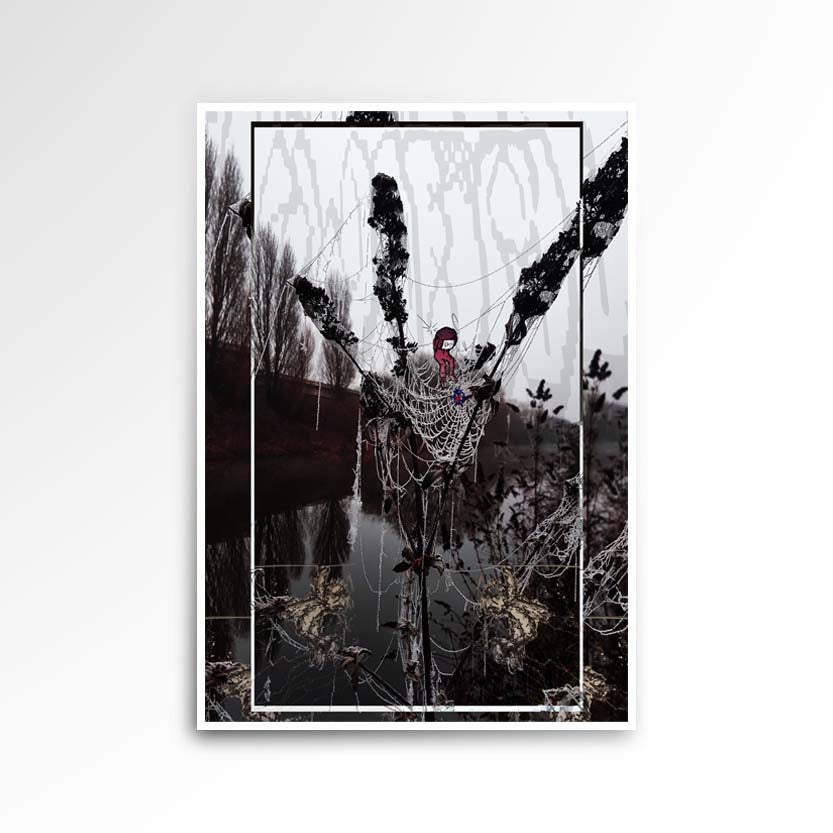 Photography image print of a landscape in the winter by the lake, a spider web is frozen with a life life figure caught on it. Colours blues, whites, browns, cream and magenta.  Purpose, to be enjoyed, questioned and discussed.
JPG
• 833 × 833
• 85.93 kB