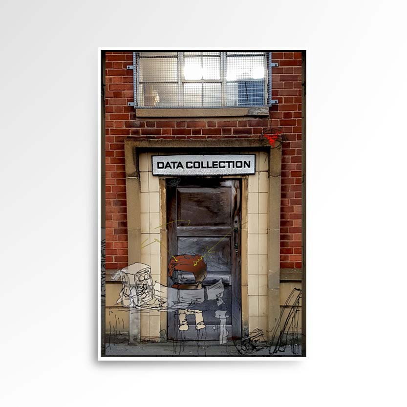 Photography print image of a door with a life like figure, on a computer above a sign that says data collection. Colours brown, black, white, cream, yellow.  Purpose, to be enjoyed, questioned and discussed.
JPG
• 833 × 833
• 84.06 kB