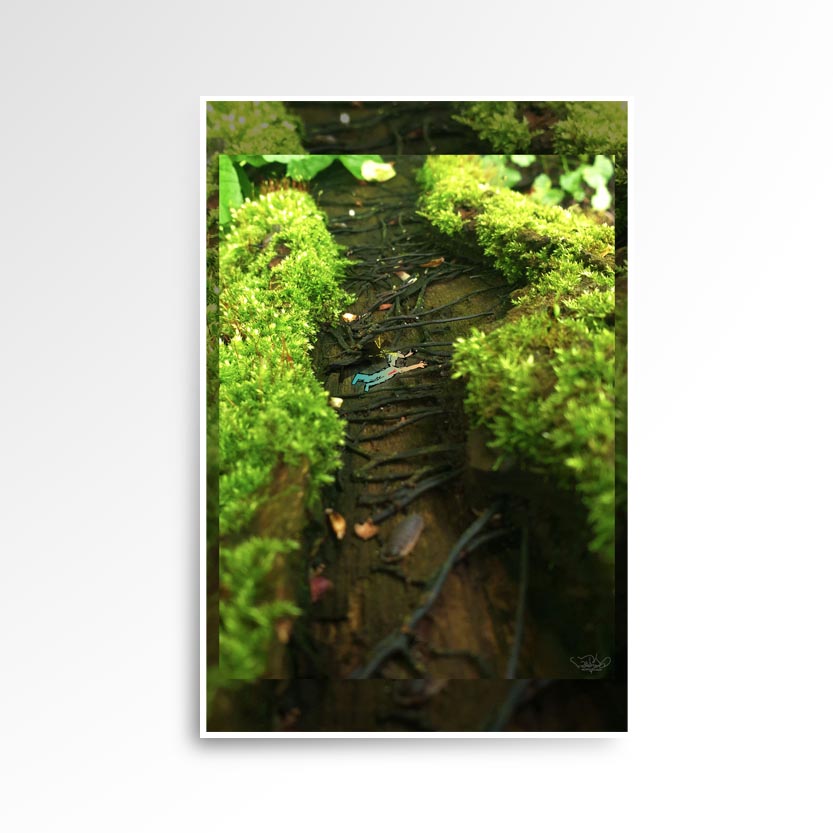 Photography print image of lifelike miniature figure, jumping across gap of a tree the webbed like bark resembles a corset. Colours green, brown, yellow. Purpose, to be enjoyed, questioned and disused.
JPG
• 833 × 833
• 89.11 kB