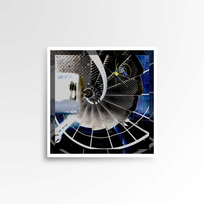 Photography print image of lifelike figure, sliding down some metal metallic spiral stairs. Colours blue, grey, white, black, yellow.  Purpose, to be enjoyed, questioned and discussed.
JPG
• 833 × 833
• 82.37 kB