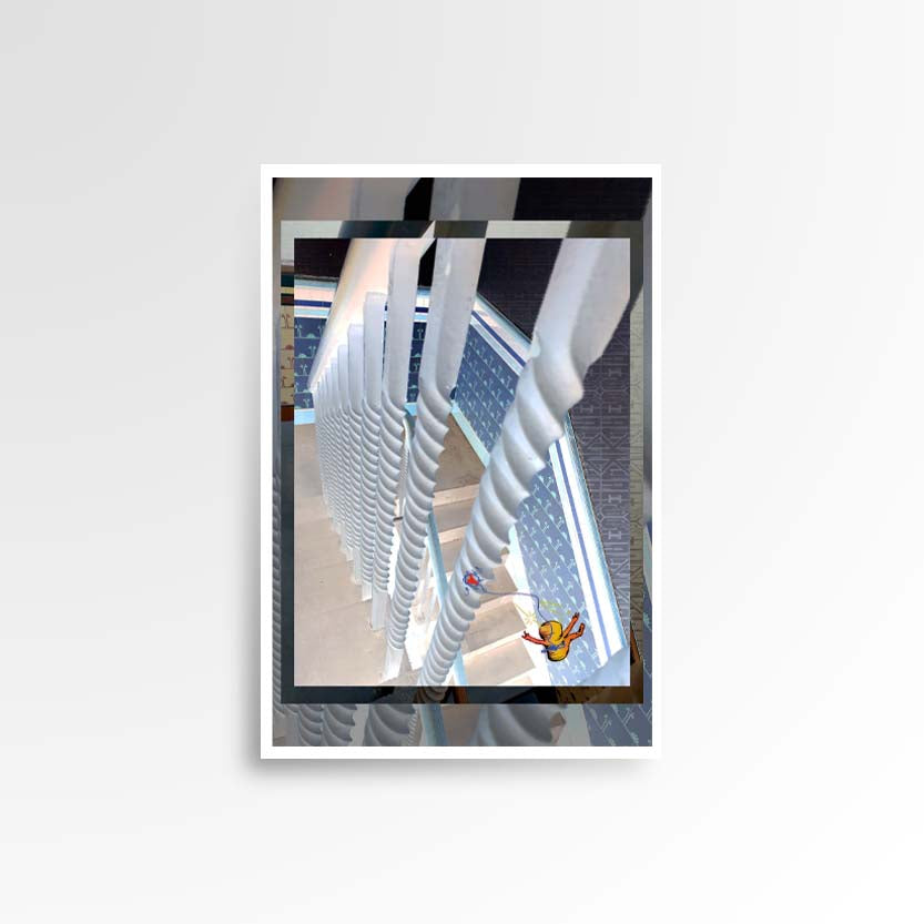 Photography print image of lifelike figure on a swing spiralling down a banister of stairs in a library. Colours cyan, black, white. Purpose, to be enjoyed, questioned and discussed.
JPG
• 833 × 833
• 60.99 kB