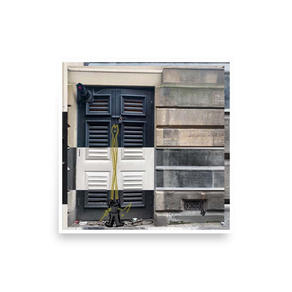 Photography print image of a door with a life like figure, colours black, white, grey, yellow.  Purpose, to be enjoyed, questioned and discussed.
JPG
• 1000 × 1000
• 85.67 kB